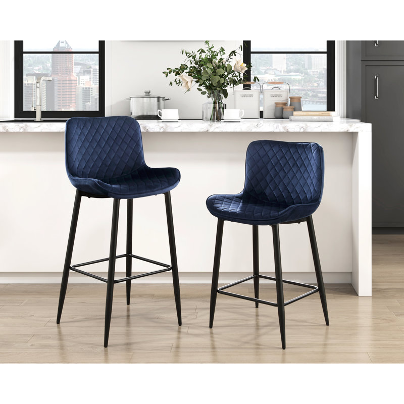 Chaise de hauteur comptoir de 2 personnes, revêtement en velours bleu, pieds en métal, assise de 24 po et 2 chaises, structure de style moderne, largeur du produit 21,26 po