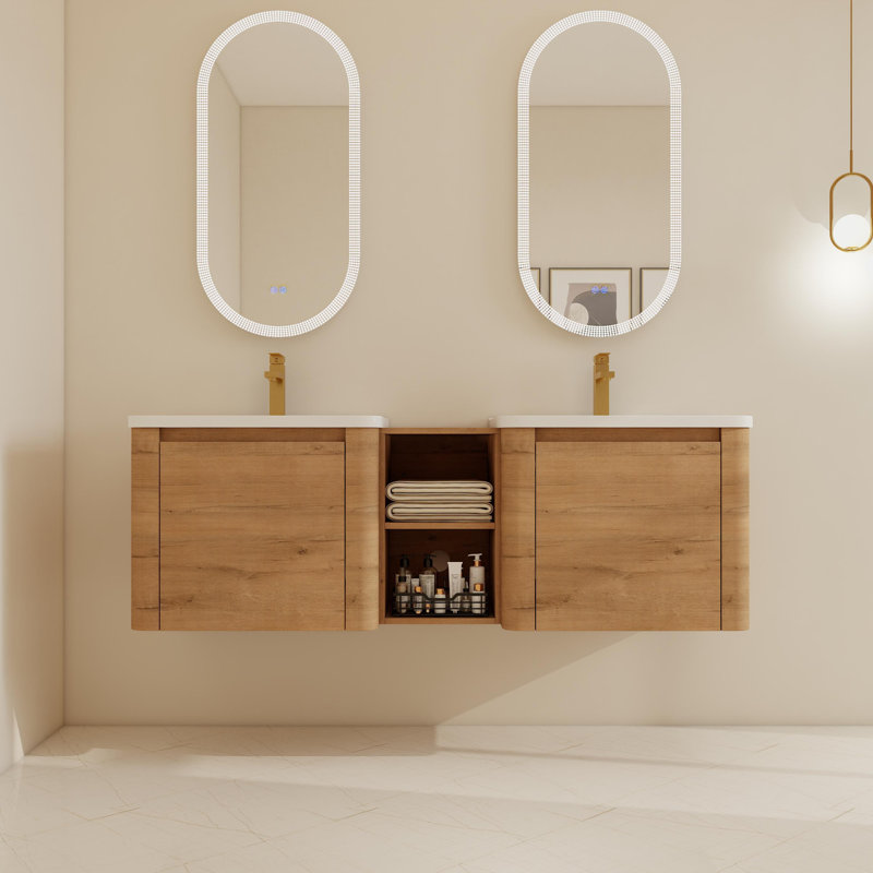 Ensemble de meuble-lavabo double 60 po / 68 po avec 2 lavabos en céramique, 60", Imitation chêne