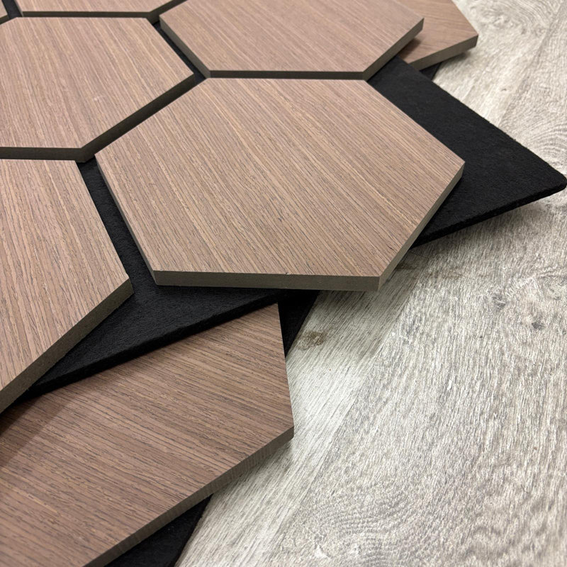 4x 70x60cm Acoustic Hexagon 3D MDF Real Wood Wall Panel Luxury, Walnut/Dark Oak