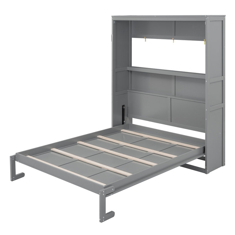 Grand lit escamotable mural avec tablettes, Gris, Grand lit