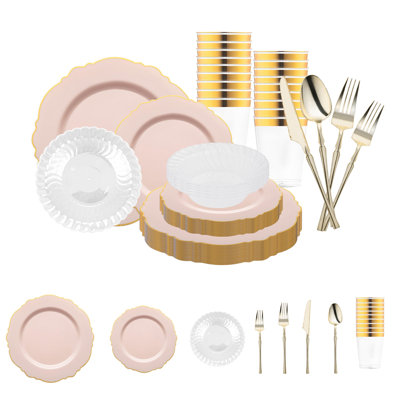 Service de vaisselle jetable en plastique rose avec bordure dorée à motifs floraux - 120 couverts