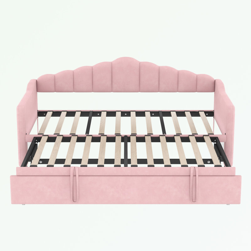 Lit de jour simple avec couchette escamotable réglable en hauteur, port de charge USB et Type-C et 2 poches latérales, Rose