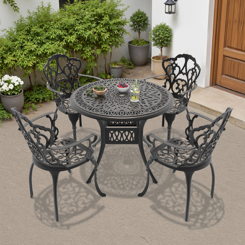 Akiesha Patio Dining Set with Round Table , Off-White Cushions Included, 22.05'' D x 21.65'' W x 35.83'' H, 4