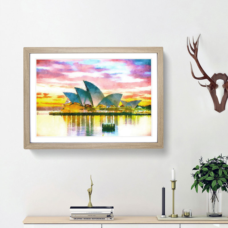 Sydney Opera House at Sunset - Picture Frame Painting Print, Oak Framed, 45cm H x 63cm W x 2cm D