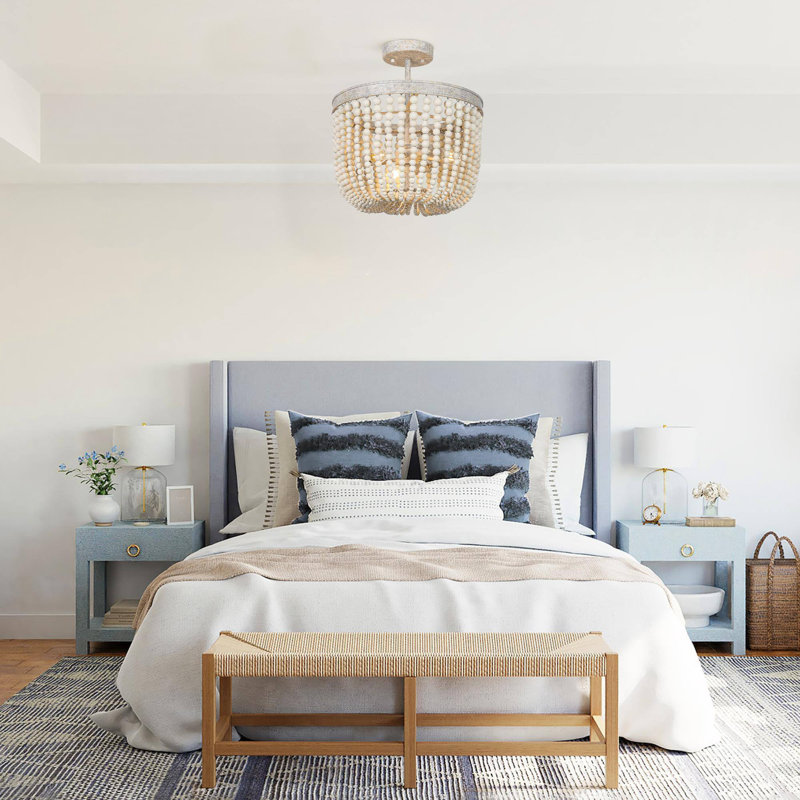 3-Light Wood Beaded Semi-Flush Mount Ceiling Light