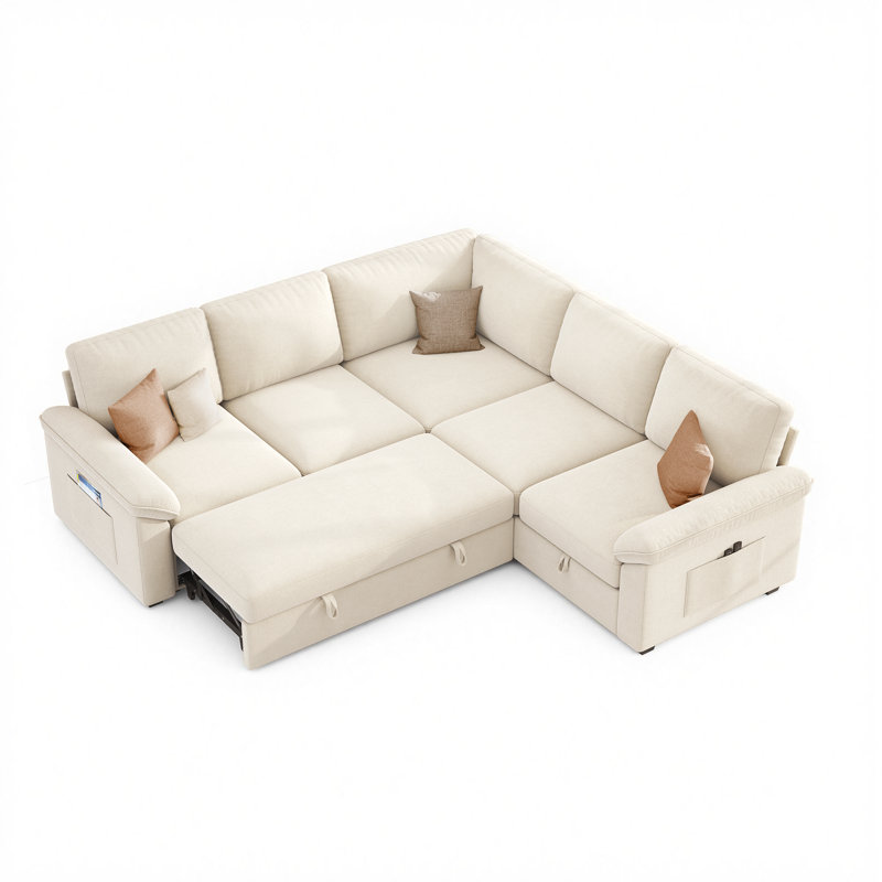 Canapé d'angle convertible Belrose 82 po en lin, beige, avec lit gigogne et rangement sous l'assise, Lin beige