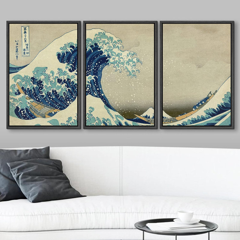 La grande vague de Kanagawa, 3 pièces par Hokusai, Cadre en plastique noir, H 36 po x l 24 po x P 1,5 po