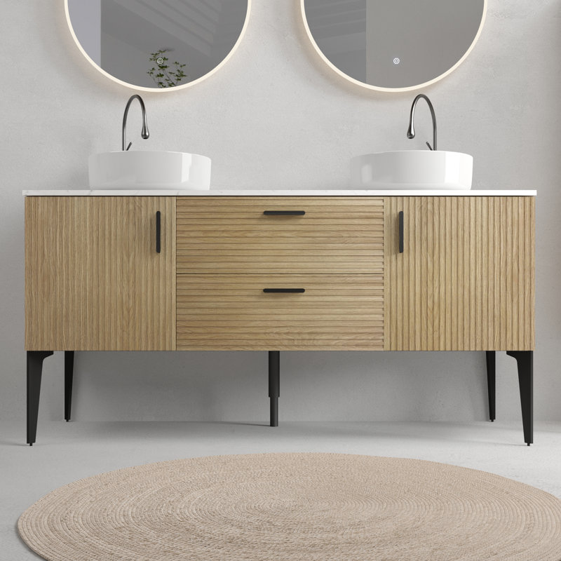 Meuble-lavabo sur pied en chêne naturel rayé avec lavabo en céramique 60 po Emilia