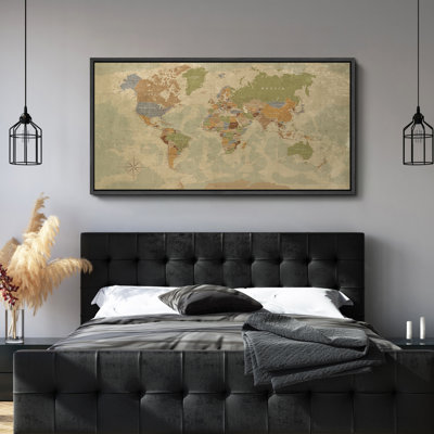 Vintage Earth Toned World Map with Country Borders and Compass Detail – Large Framed Canvas Master Bedroom Wall Art Print