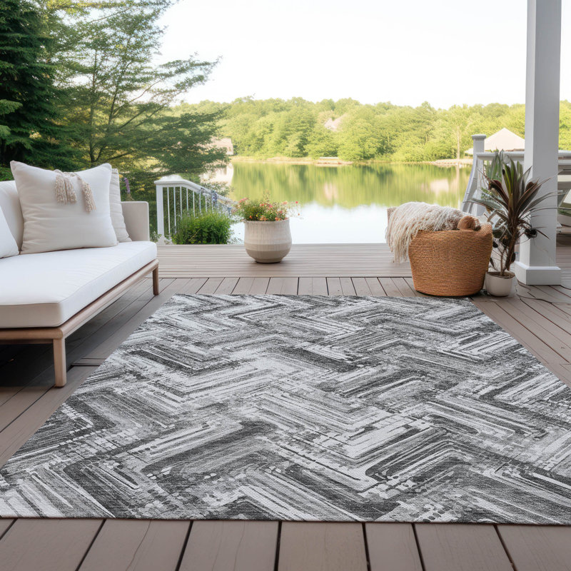 Tapis intérieur / extérieur en polyester abstrait tissé à la machine en gris, Rectangulaire 3 pi x 5 pi