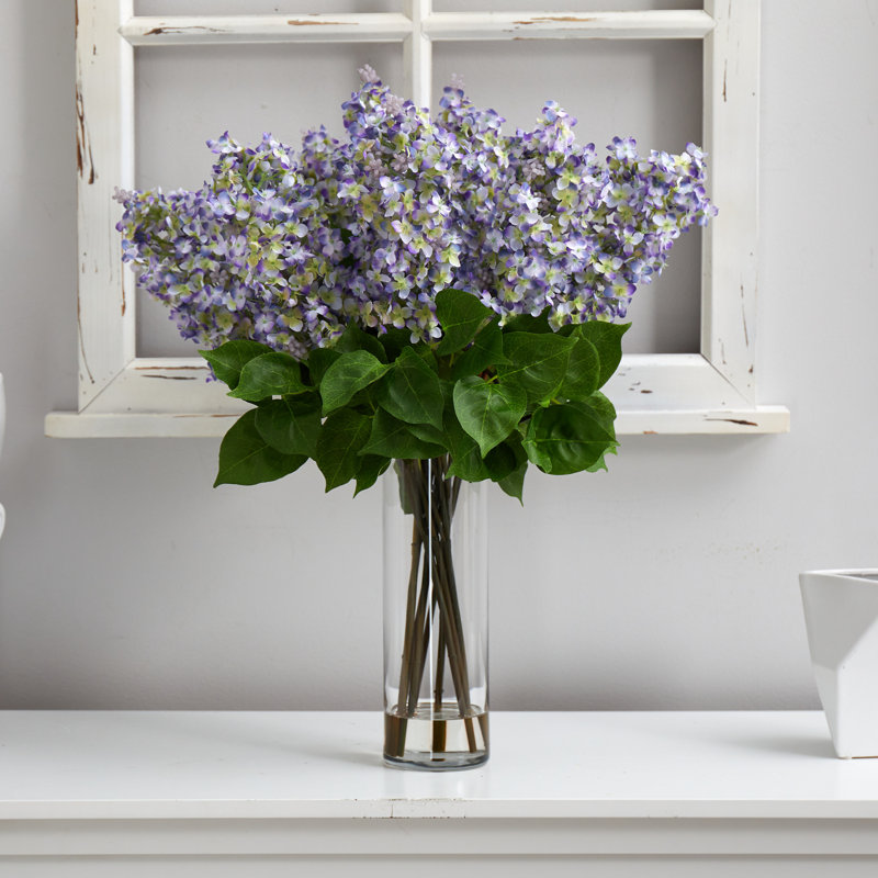 Elegant Purple Lilac Faux Arrangement in Glass Vase