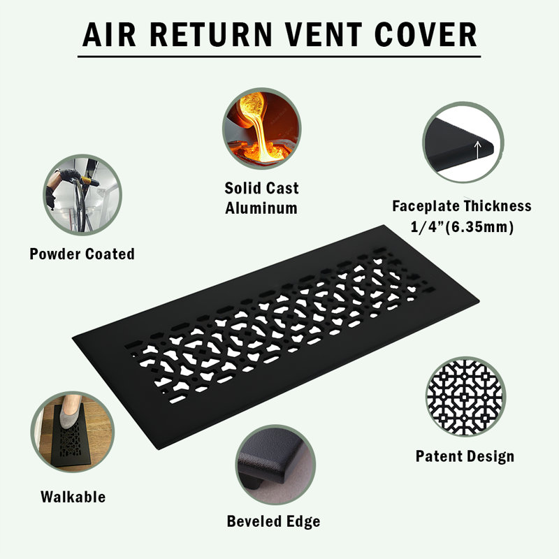  Ouverture de conduit 8 po x 8 po AIR RETOUR | Grille d'air lourde en fonte d'aluminium (10 po x 10 po au total) | Thermolaqué