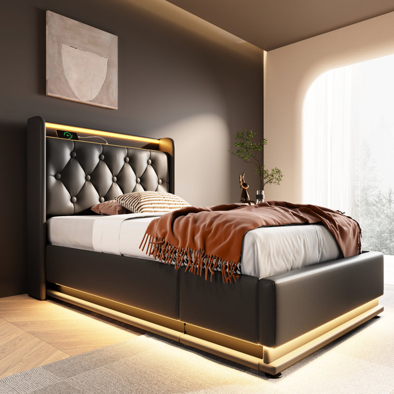 360 Surround Led Twin Bed, Hydraulic Storage Potential, Type-C Socket, Black Pu Finish Size Upholstered Bed Featuring Led, Inquiry, Type-C,
