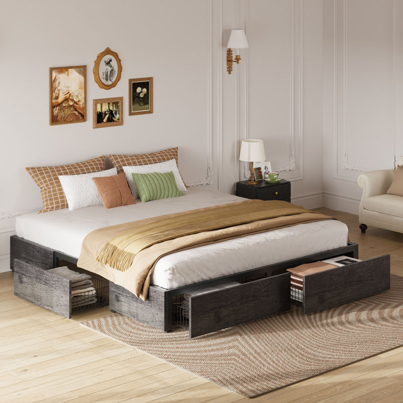 Lit plateforme très grand avec pied de lit et 4 tiroirs sous le lit, gris, Très grand, Gris