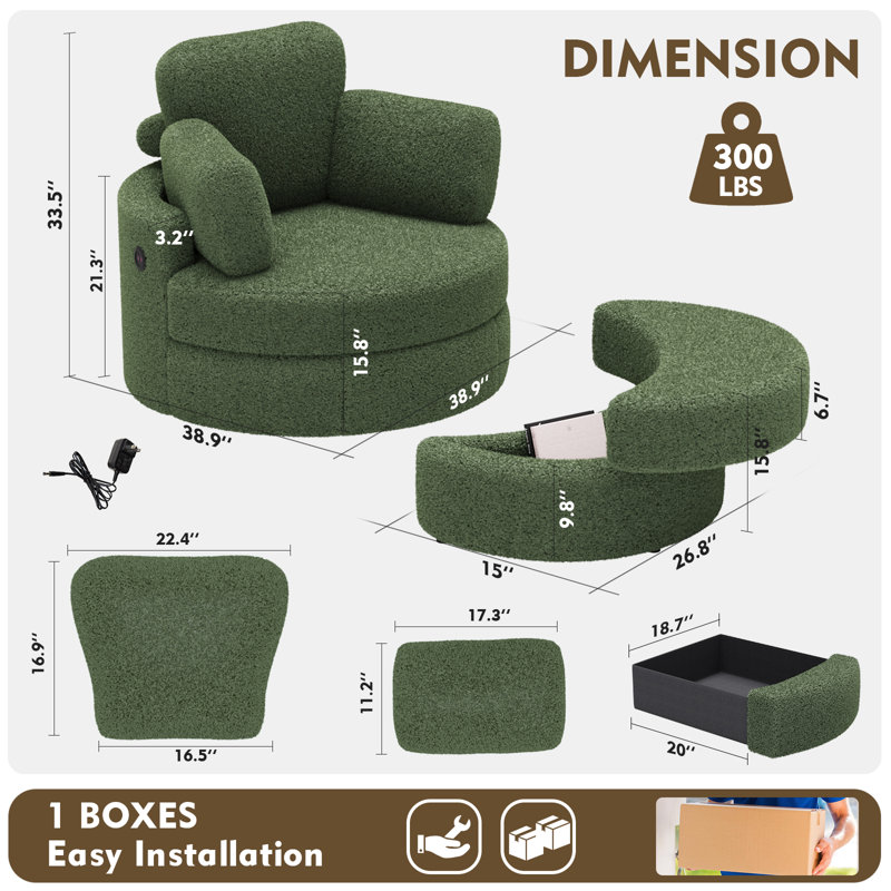  Swivel Accent Chair With Half Moon Ottoman, Round Chairs With Drawer Storage For Living Room, 360° Barrel Chair With Usb Charging Port (Teddy Fabric, Green)