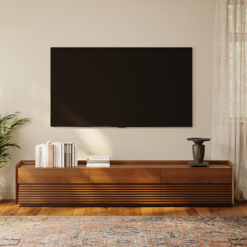 Meuble télé Mid-Century moderne avec lumière DEL, entièrement assemblé, H 19,27 po x L 94 po x l 15,75 po, Brun