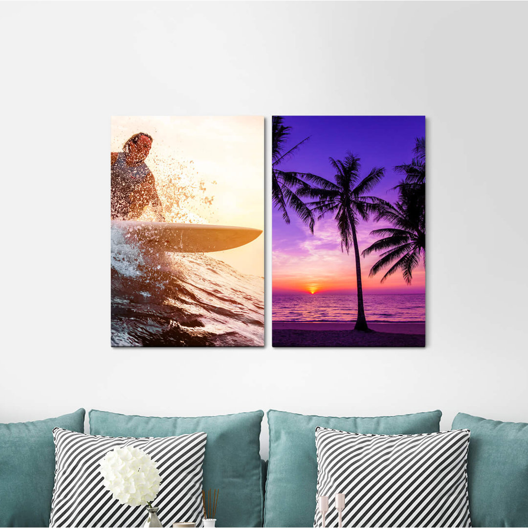 2-tlg. Leinwandbilder-Set - Fotografie „Surfer Palm Trees Waves Dream Beach Sunset Paradise Summer”