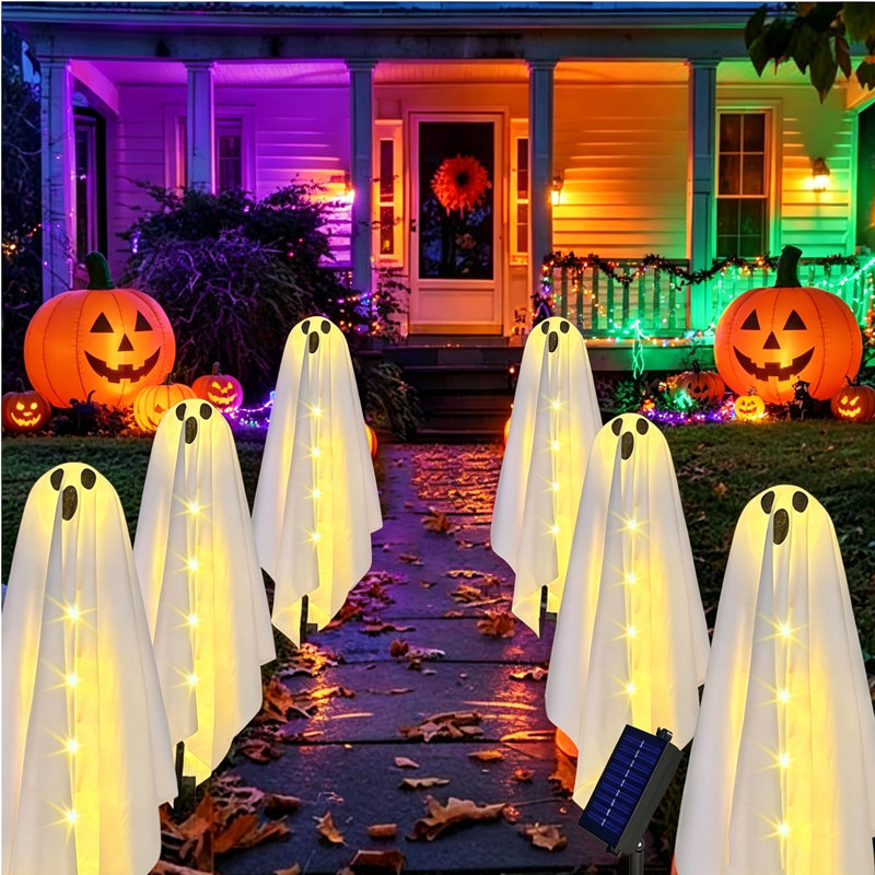 Guirlande lumineuse solaire fantôme d'Halloween, ensemble de 6 lampes fantômes solaires étanches à planter, IP65, décorations de jardin avec fantômes DEL lumineux pour pelouse, porche, allée et décorations de fêtes