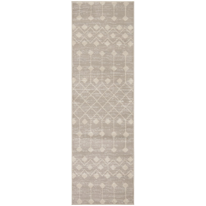 12' Beige Geometric Power Loom Runner Rug