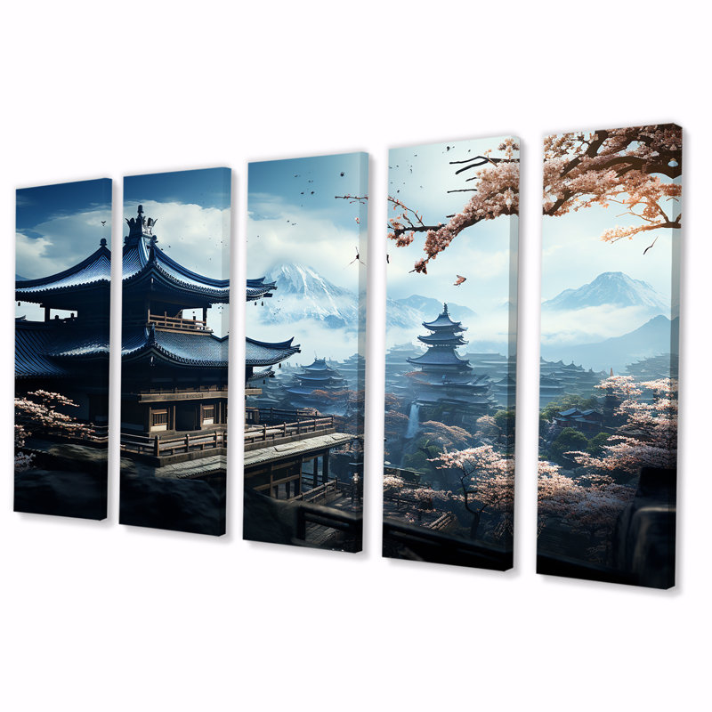 Temple japonais, sérénité panoramique - ensemble de 5 décorations murales Japon, H 28 po x l 60 po