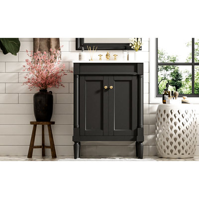 Meuble-lavabo simple lavabo, 61 cm (24 po), lavabo en céramique, design élégant noir, étagères de rangement fonctionnelles.