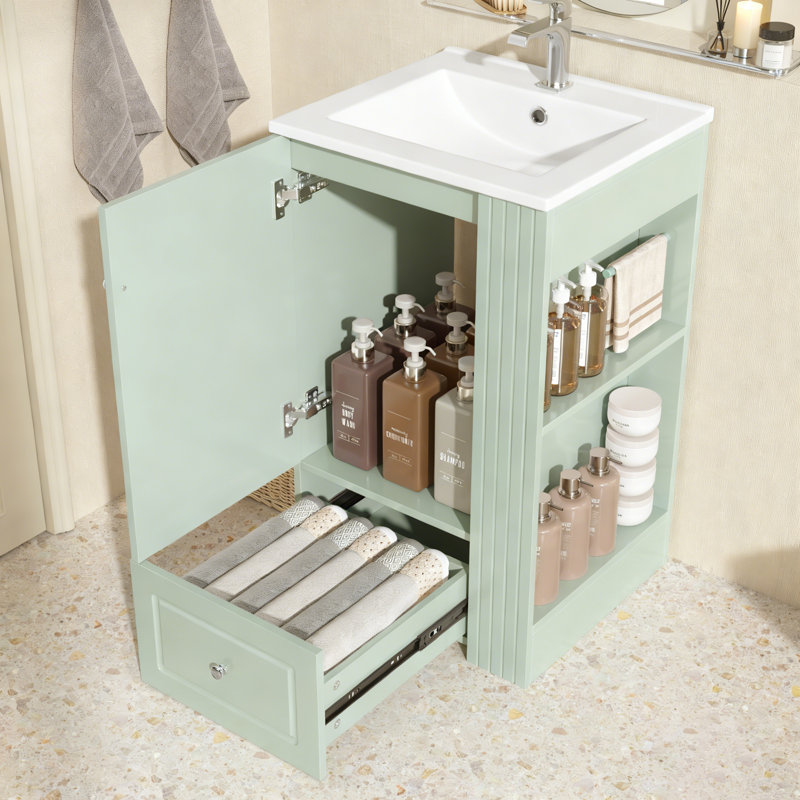 Meuble-lavabo autoportant avec lavabo en céramique, trou de robinet simple, rangement en panneau de fibres à densité moyenne, tiroir à fermeture en douceur, tablettes ouvertes et barre à serviettes en pin pour les espaces compacts