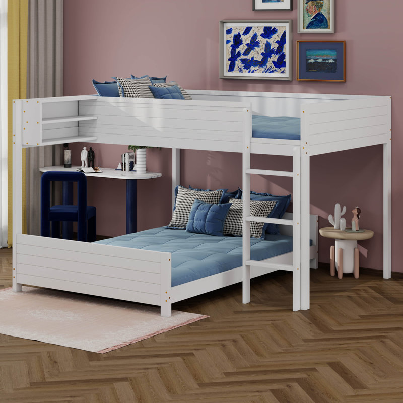 Full XL Over Full XL Wooden Bunk Bed With Built-In Storage Shelf & Ladder, White