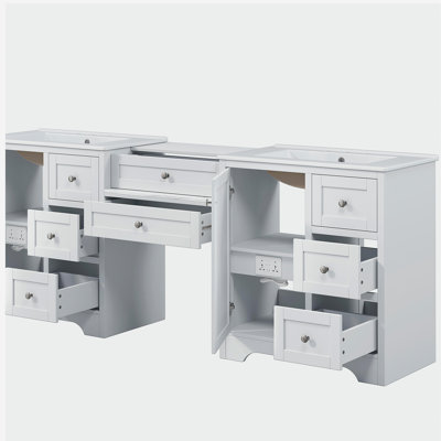 84" Double-Sink Bathroom Vanity, 2 Ceramic Sinks and a Engineered Stone Countertop, Large storage Bathroom Vanity with Silver Metal Knobs and 6 Drawers, Soft Closing Design, White