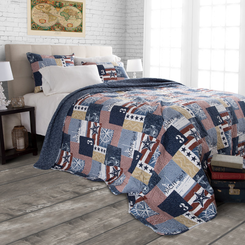 King Blue Microfiber Reversible Nautical Americana Quilt Set