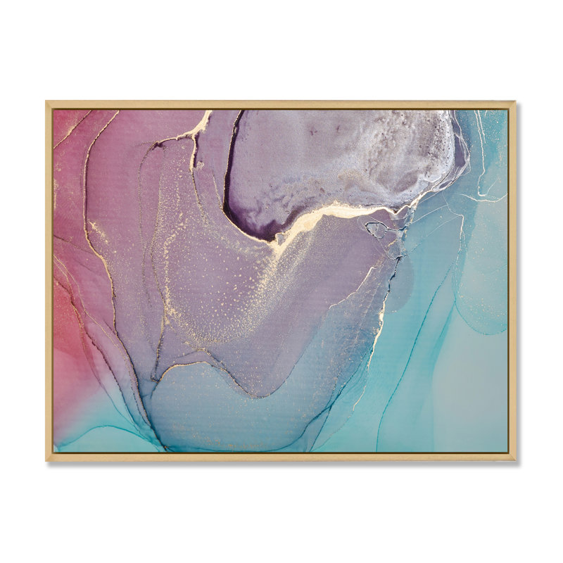 Turquoise et rouge, art liquide I - peinture sur toile, H 34 po x l 44 po, Toile avec cadre en érable