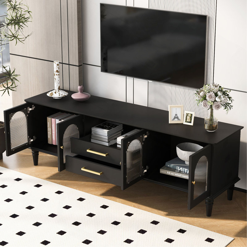 U-Can 68.9'' Retro TV Stand For Tvs Up To 75 Inches, Entertainment Center Media Console With Fluted Glass Doors And Five Solid Wood Legs For Living Room(OLD SKU:N724P198468B)
