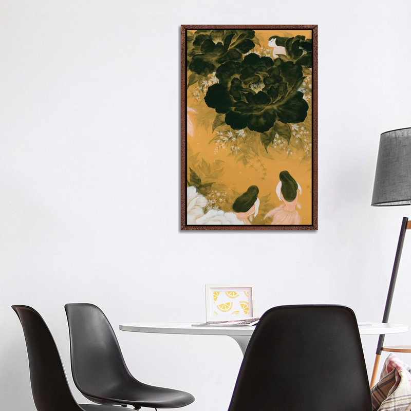 Goldfish Mermaid - Peony And Ballerinas III by Martin Hsu - Painting on Canvas, Classic Brown Wood Framed