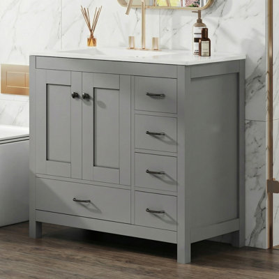 Meuble-lavabo de 36 pouces avec lavabo, avec 2 portes à fermeture en douceur et 5 tiroirs - Certifié EPA / UPC