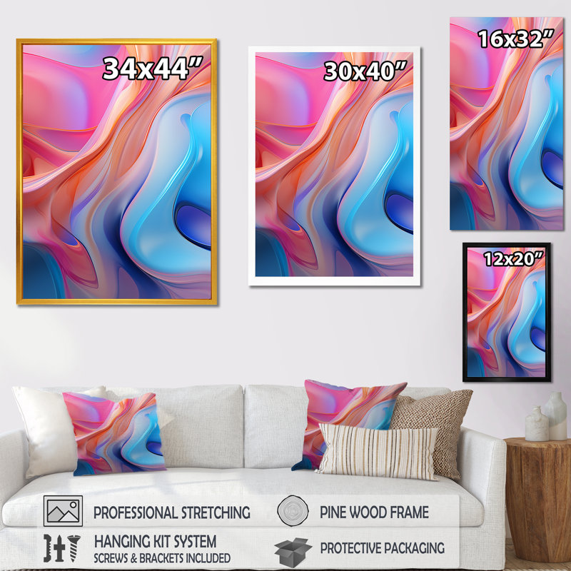 Art mural sur toile abstrait transitionnel bleu et rose II, Cadre flottant noir, H 20 po x l 12 po x P 1 po