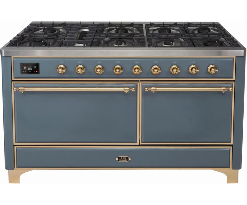 ILVE UM15FDQNS3BKCLP Majestic II 60 inch Dual Fuel Range with 9 Burners, Griddle (Liquid Propane, Solid Door, Glossy Black, Chrome)