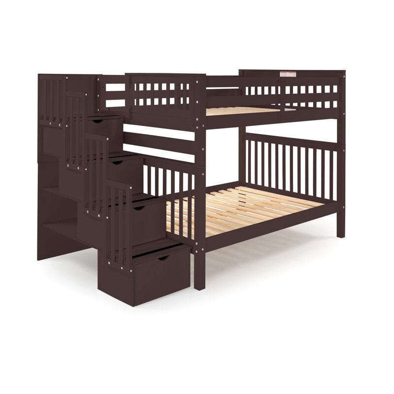 Tena Solid Wood Standard Stairway Bunk Beds Full over Full, 4 Drawers in the Steps, Dark Cherry, Full over Full, Dark Cherry