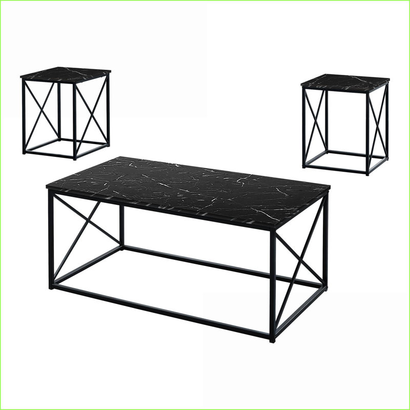 Ensemble de 3 pièces pour le salon et le café Ensemble de tables de bout: plateau d'aspect marbre noir, structure robuste en métal noir X