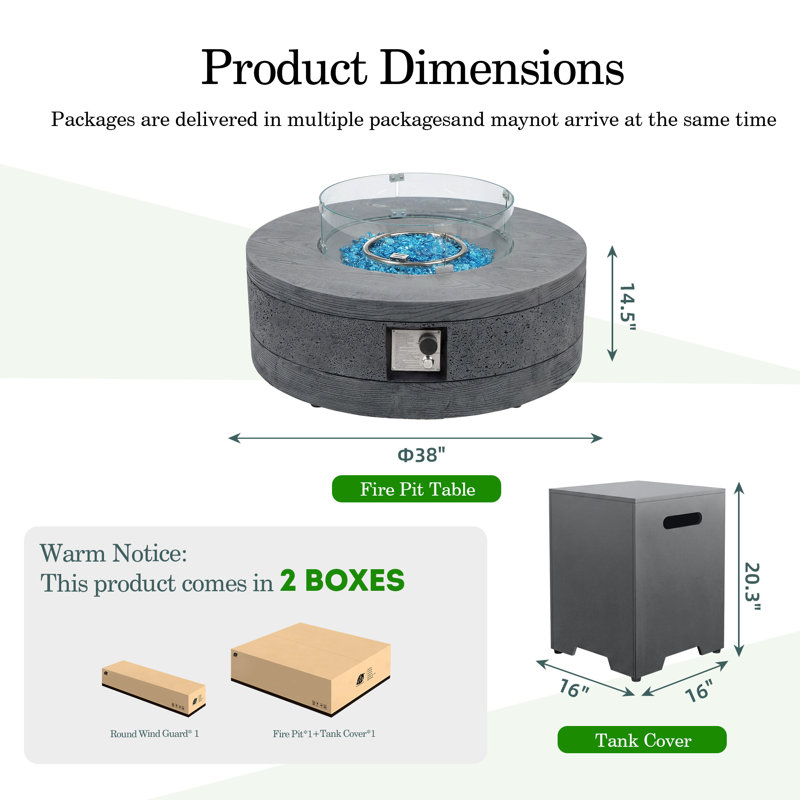 38-inch Round Concrete Propane Fire Pit Table with Tank Cover and Wind Guard,Concrete & Wood Textured Design, Gray