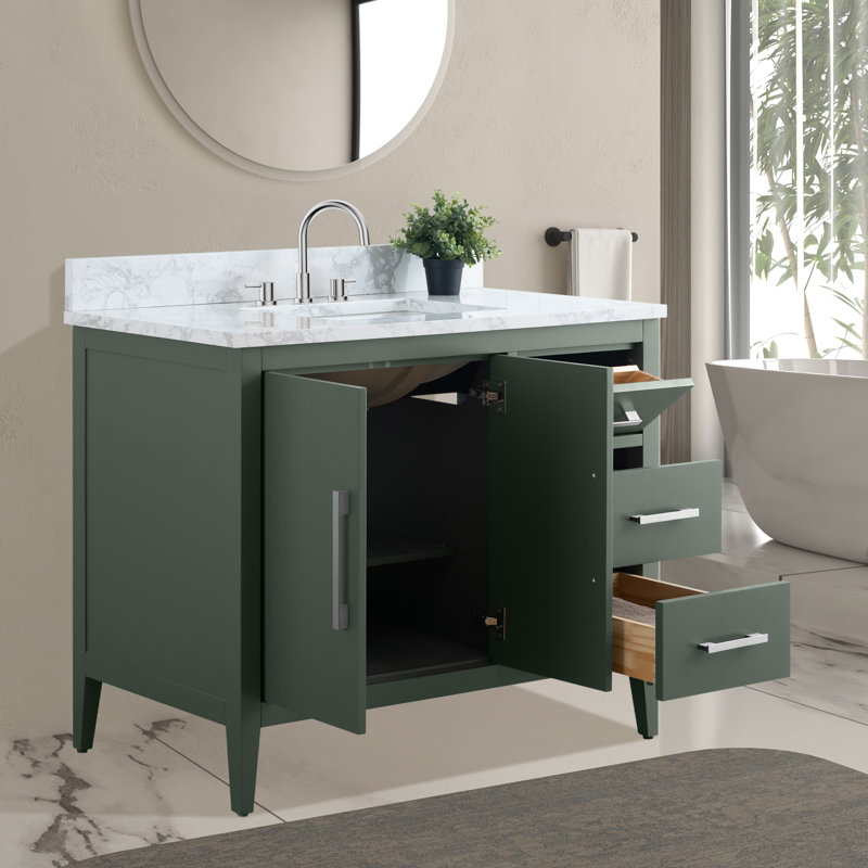 Meuble-lavabo simple 42 po avec plateau en marbre, Vert rétro, Nickel brossé