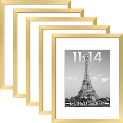 Picture Frame Set Of 5, Display Pictures 8X10 With Mat Or 11 X 14 Without, Wall Gallery Photo Frames, Gold