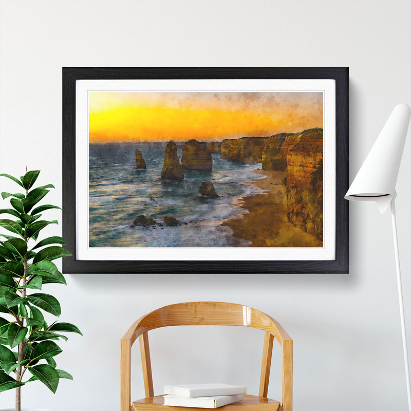 Sunset Over The Twelve Apostles - Single Picture Frame Painting on MDF, Black Framed, 45cm H x 63cm W x 2cm D