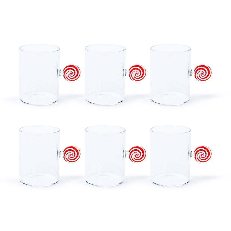 Tasses en verre à motif tourbillon de menthe poivrée, ensemble de 6, Red & White