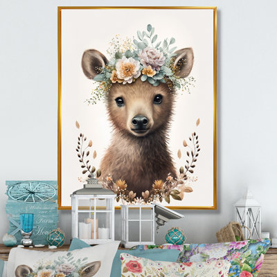 Mignon bébé ours avec couronne florale I - animaux, art mural sur toile