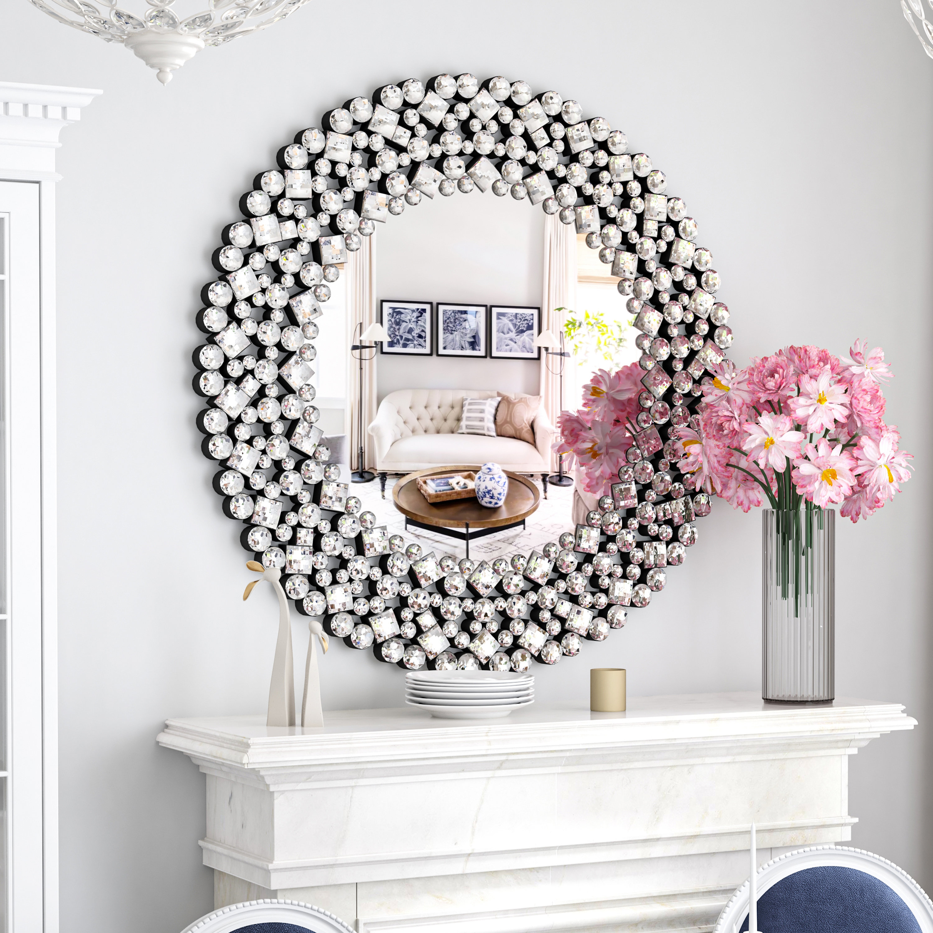 Decorative Round Mirrors Silver Wall Mirror Accent Wall Diamond Mirror for Living Room Home Decor - 32 inch, Size: One Size