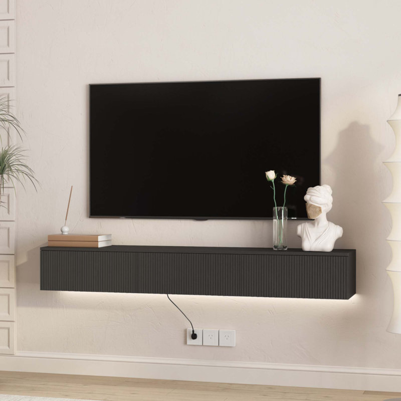 Floating TV Stand Wall Mounted With 16 Color Leds, Black, 9.17" H x 64.9" W x 11.8" D
