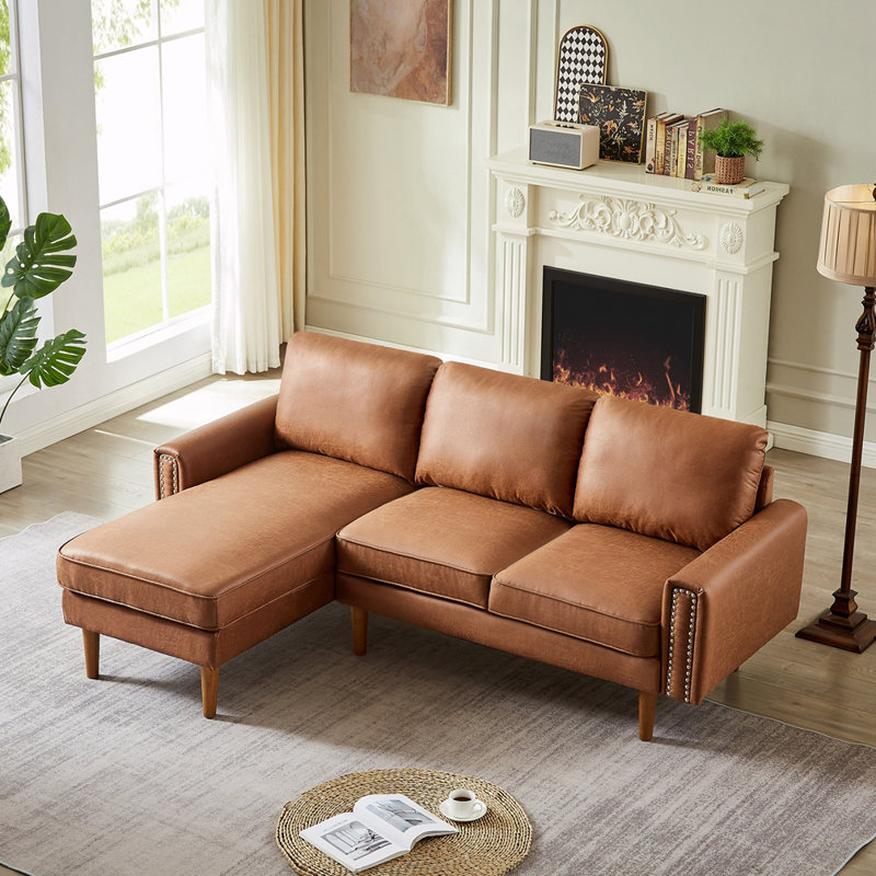 Trefann Upholstered 82.2'' Sofa & Chaise, Dark Brown Genuine Leather, Left Hand Facing