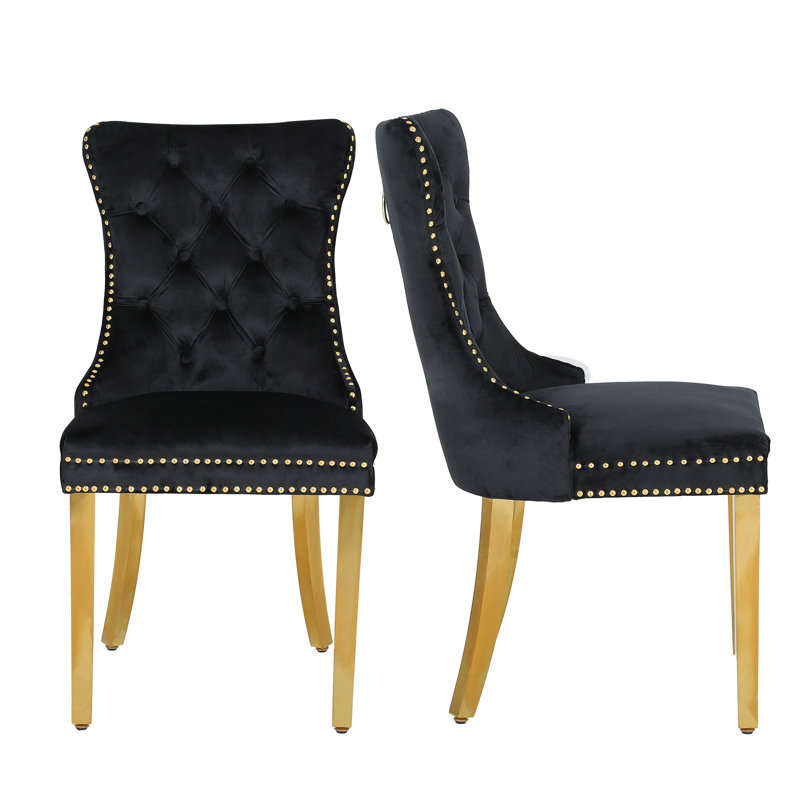 Chaises de salle à manger rembourrées avec dossier capitonné avec pieds en acier inoxydable, Noir, Doré