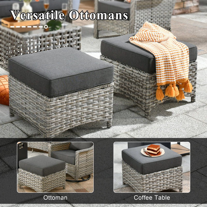 Ensemble de 6 chaises d'extérieur en rotin pour l'extérieur avec coussins et table de feu, Noir, noir, noir, noir
