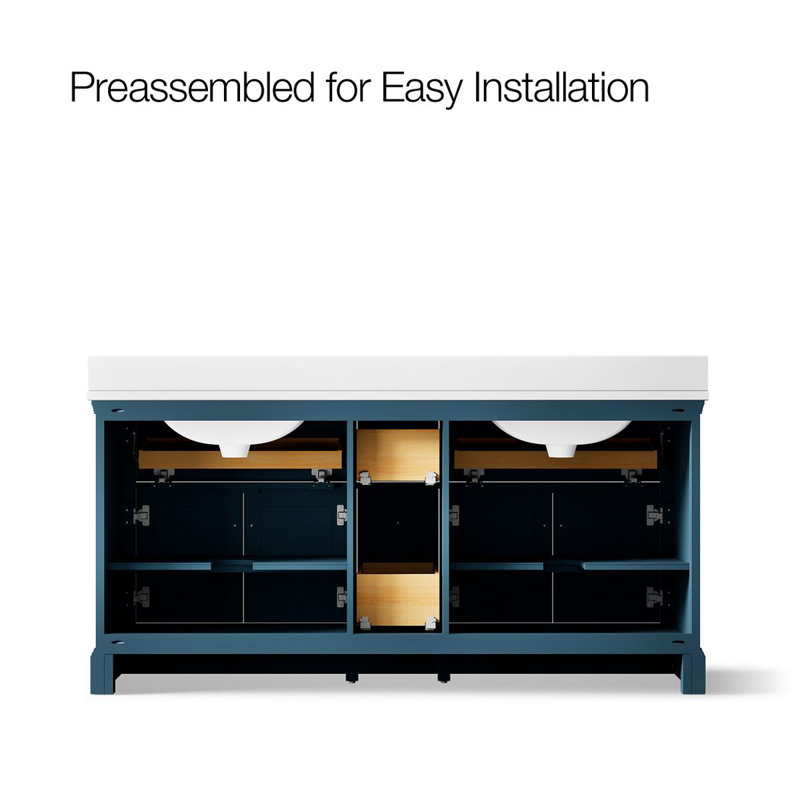 Charlemont 60 In. Bathroom Vanity Cabinet With Sinks And Quartz Top, Tidal Blue, Brushed Brass