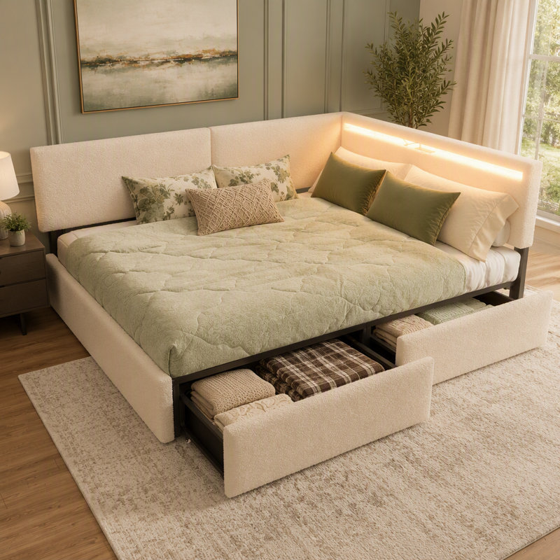 Lit double capitonné Cloud avec tête de lit, 2 tiroirs de rangement, éclairage DEL, port USB, pieds en bois, sans sommier.